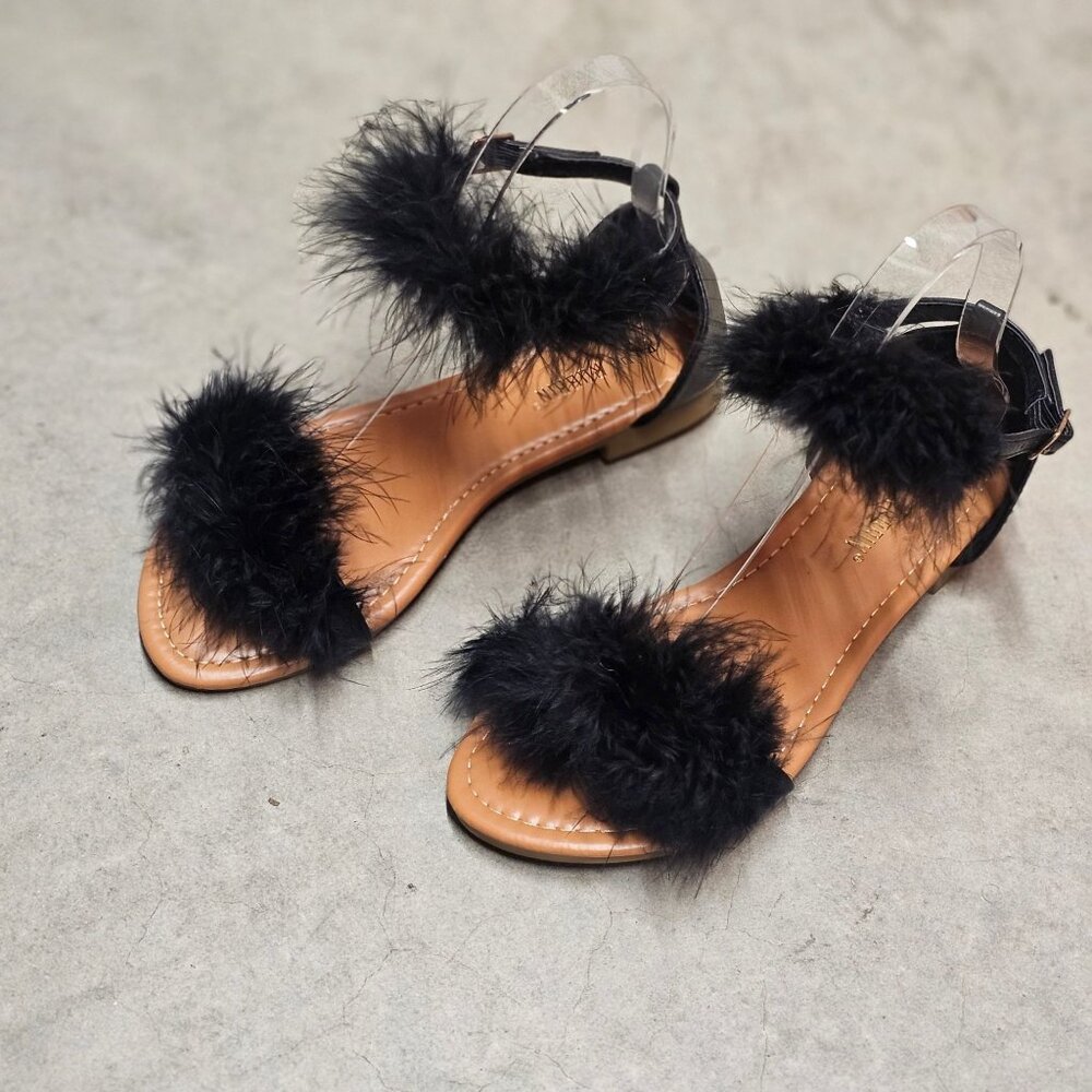 Faux Fur Black Ankle Strap Flat Sandals - Picture 2 of 7